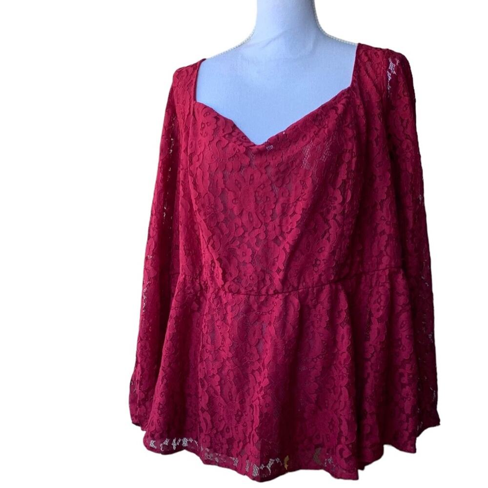 Torrid lace puff sleeve peplum blouse wine tasting maroon red size 4 plus 4X - Picture 9 of 14